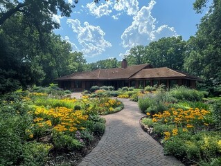 Fototapeta premium A serene garden path leading to a charming, nature-surrounded building.