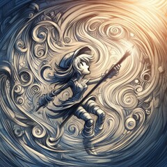A whimsical pencil sketch of an elf girl with abstract swirls and geometric shapes in the background