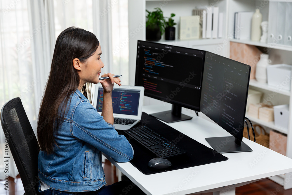 Poster young asian it developer looking online information on pc for beautiful pose with coding program dat