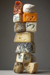 Tower of assorted cheeses stacked together, including soft brie, aged cheddar, blue cheese, and gouda, all arranged against a neutral grey background, showcasing rich textures