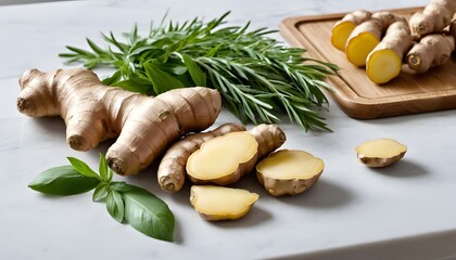 Ginger Root and Ginger Powder Decoratively Arranged on a Classy Kitchen Table Surrounded by Fresh Herbs for Culinary Uses and Aesthetic Appeal