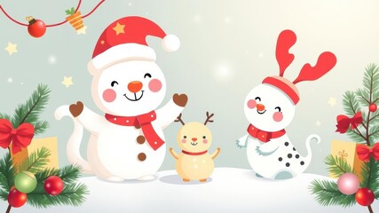 Adorable collection of Christmas characters and animals in festive attire, perfect for holiday graphic design projects, joyful, whimsical, festive