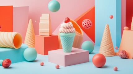 Playful pastel ice cream cone surrounded by abstract shapes