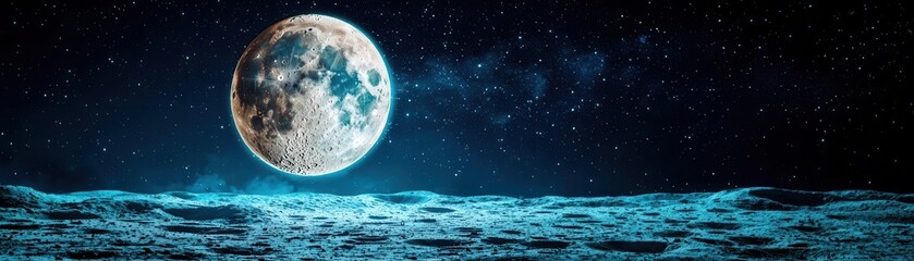 Stunning view of a full moon over a tranquil ocean against a starry night sky.