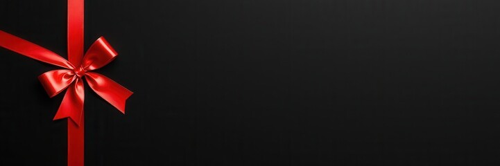 Black shiny vibrant color texture background with a red ribbon bow for a gift card wishes Merry Christmas, with blank copy space, gift card, texture