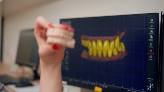 close-up professional laboratory for the production of dental prosthesis veneers woman against the background of a computer 3D model of teeth with a dental impression in her hand
