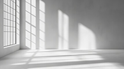 Fototapeta premium abstract. minimalistic background for product presentation. walls in large empty room greyish white. can full of sunlight. Loft wall or minimalist wall. Shadow, light from windows to plaster wall.