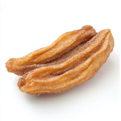 A crispy churro with cinnamon sugar, isolated on a white background, showcasing the crunchy exterior and soft inside
