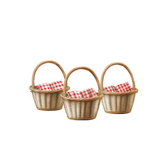 Three wicker picnic baskets with red and white checkered cloths
