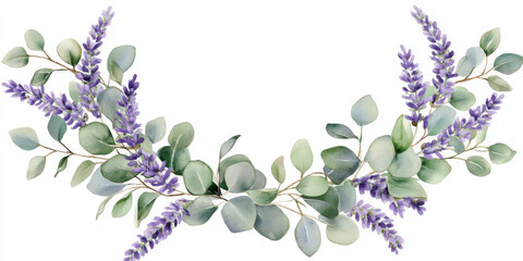 Elegant floral wreath of watercolor eucalyptus leaves and delicate lavender sprigs in purple and green tones, ideal for wedding invitations and rustic designs, isolated on white