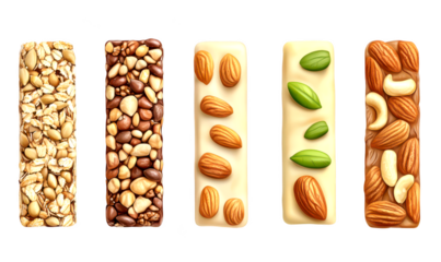 Assorted nut bars featuring various toppings isolate on transparent background, cutout, png