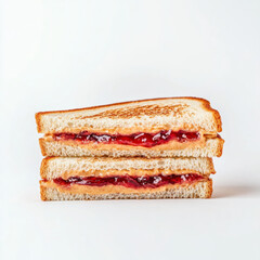 A classic peanut butter and jelly sandwich, isolated on a white background, showcasing a nostalgic snack