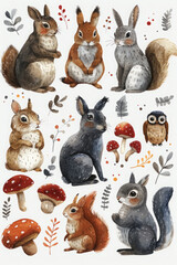 Illustration of squirrels in playful poses surrounded by mushrooms and foliage, with a whimsical nature theme, Generative AI