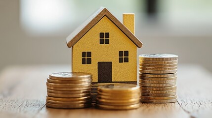 A miniature house with two stacks of gold coins in front of it.
