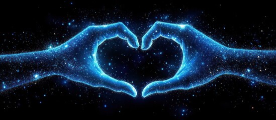 Two glowing blue hands forming a heart shape against a starry background.