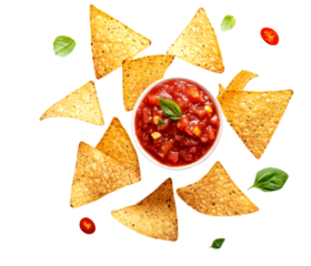 Fresh tortilla chips arranged around a bowl of salsa with herbs and cherry tomatoes isolate on transparent background, cutout, png