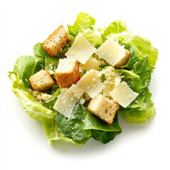 A fresh Caesar salad with romaine, parmesan, and croutons, isolated on a white background, highlighting classic ingredients