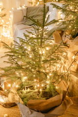 Designer Christmas tree decoration with light decorations. The concept of celebrating New Year and...