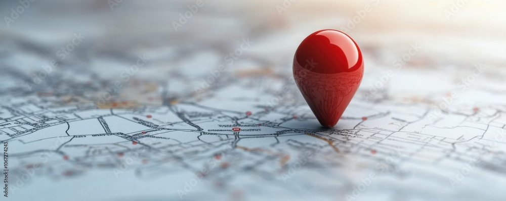 Poster red pin marking a location on a detailed map in soft focus