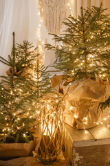 Designer Christmas tree decoration with light decorations. The concept of celebrating New Year and...