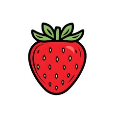 Obraz premium Cartoon illustration of a single red strawberry with green leaves