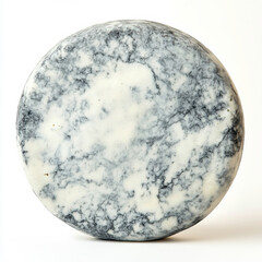 Obraz premium A round of blue cheese with a distinct marbled pattern of mold, isolated on a white background to show texture and unique color