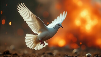Obraz premium The scene captures a white dove soaring gracefully through the air while a blaze rages in the background. The contrast between the peaceful bird and the chaotic flames creates a striking visual effect