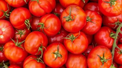 Vibrant red genetically modified tomatoes with green stems: fresh, juicy, and organic garden produce.
