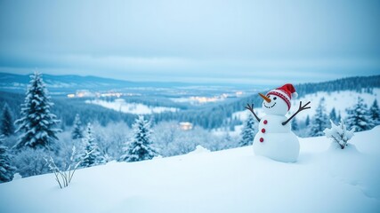 Fototapeta premium Happy snowman with a big smile surrounded by a beautiful winter landscape, perfect for seasonal greetings and winter themes, cheerful, panorama, scenic