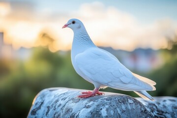 Naklejka premium A serene white dove spreads its wings while perched on a large, weathered bombshell. Soft daylight casts a gentle glow on the scene, with clouds providing a peaceful backdrop that enhances the tranqui