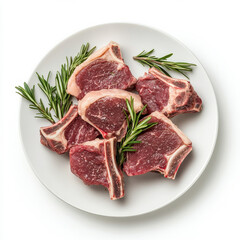 A plate of tender lamb chops with rosemary garnish, isolated on a white background, showcasing a savory and rich dish