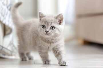 Adorable fluffy kitten exploring indoors in sunlit room