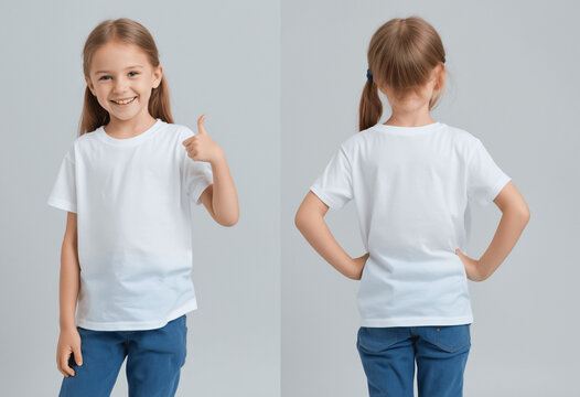 Little girl blank t-shirt mockup showcasing front and back views on a clean white backdrop for design purposes.