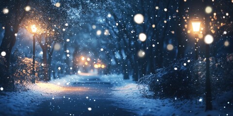 Snowy winter park at night lights outdoors scenery.