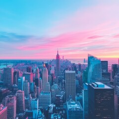 A vibrant skyline of a city at dusk, showcasing tall buildings and a sunset.