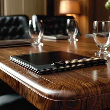 The polished wooden surface of a boardroom table showcases a document folder, digital tablet, and pen set under dramatic studio lighting, creating an atmosphere conducive to business meetings and deci