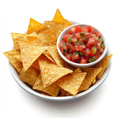 A bowl of nacho chips with a side of salsa, isolated on a white background, emphasizing a fun and spicy snack