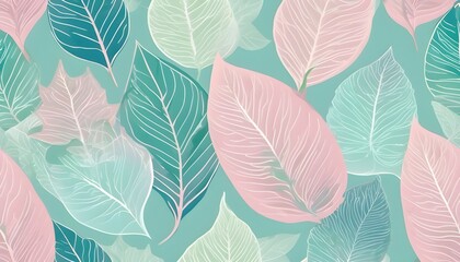Abstract Watercolor Leaves Pattern - Teal, Pink, Green
