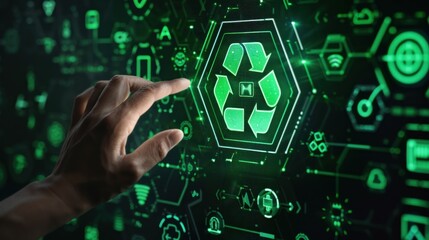 Hand interacting with futuristic recycle icon on digital interface