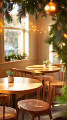 cozy cafe with wooden tables and festive decorations, featuring warm lighting and greenery. Perfect for enjoying relaxing moment