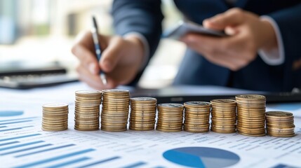 A man is writing on a piece of paper with a pen while a pile of gold coins sits in front of him