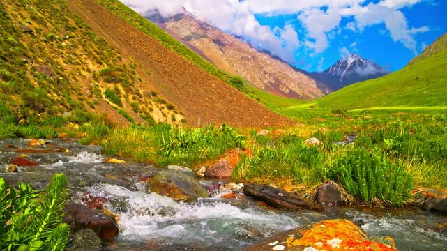 A serene and picturesque mountain view showcasing a flowing stream amid vibrant greenery set against a blue sky with white clouds