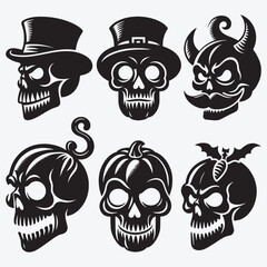Fototapeta premium Skull Silhouettes Bundle Clip Art Vector Illustration Isolated on White Background