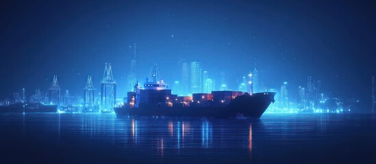 Fototapeta premium A large cargo ship sails past a brightly lit city skyline at night.