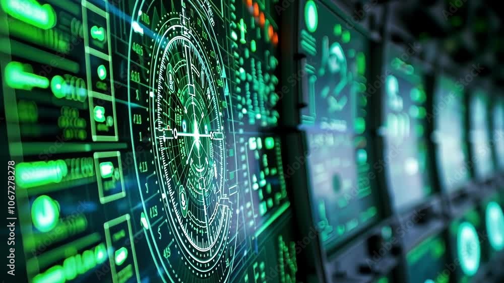Poster multiple screens are glowing green with complex data from a radar system, ensuring safety and securi