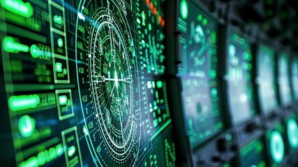 Multiple screens are glowing green with complex data from a radar system, ensuring safety and security for a vital mission - Powered by Adobe