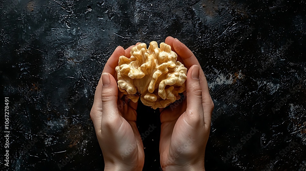 Poster hands cracking open a walnut in dark background