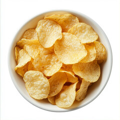 A bowl of crunchy potato chips, isolated on a white background, showcasing the crispness and salty flavor of this classic snack