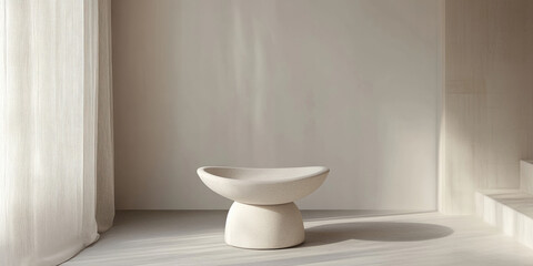 A minimalist white stone pedestal with smooth curves, perfect for product display, set against a light background
