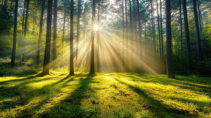 Obraz premium Sunlight Streaming Through Trees in a Lush Green Meadow Surrounded by a Tranquil Forest